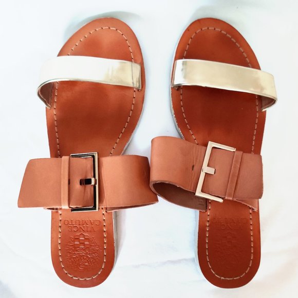 EUC Vince Camuto Brown & Gold Flat Leather Sandals with Buckle 6 36 37 - Picture 3 of 4